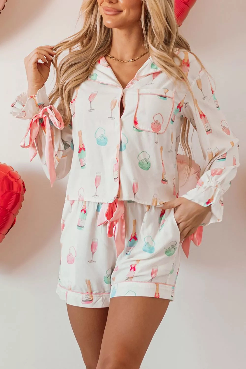 Women's Bow Print Collared Top Drawstring Shorts Lounge Set