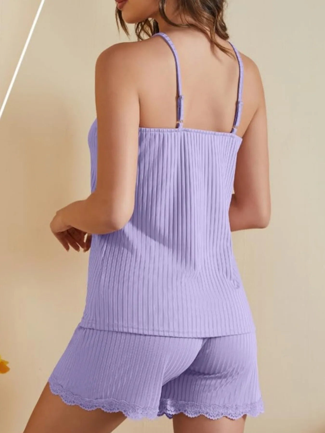 Women's Lace Trim Ribbed Cami Shorts Lounge Set