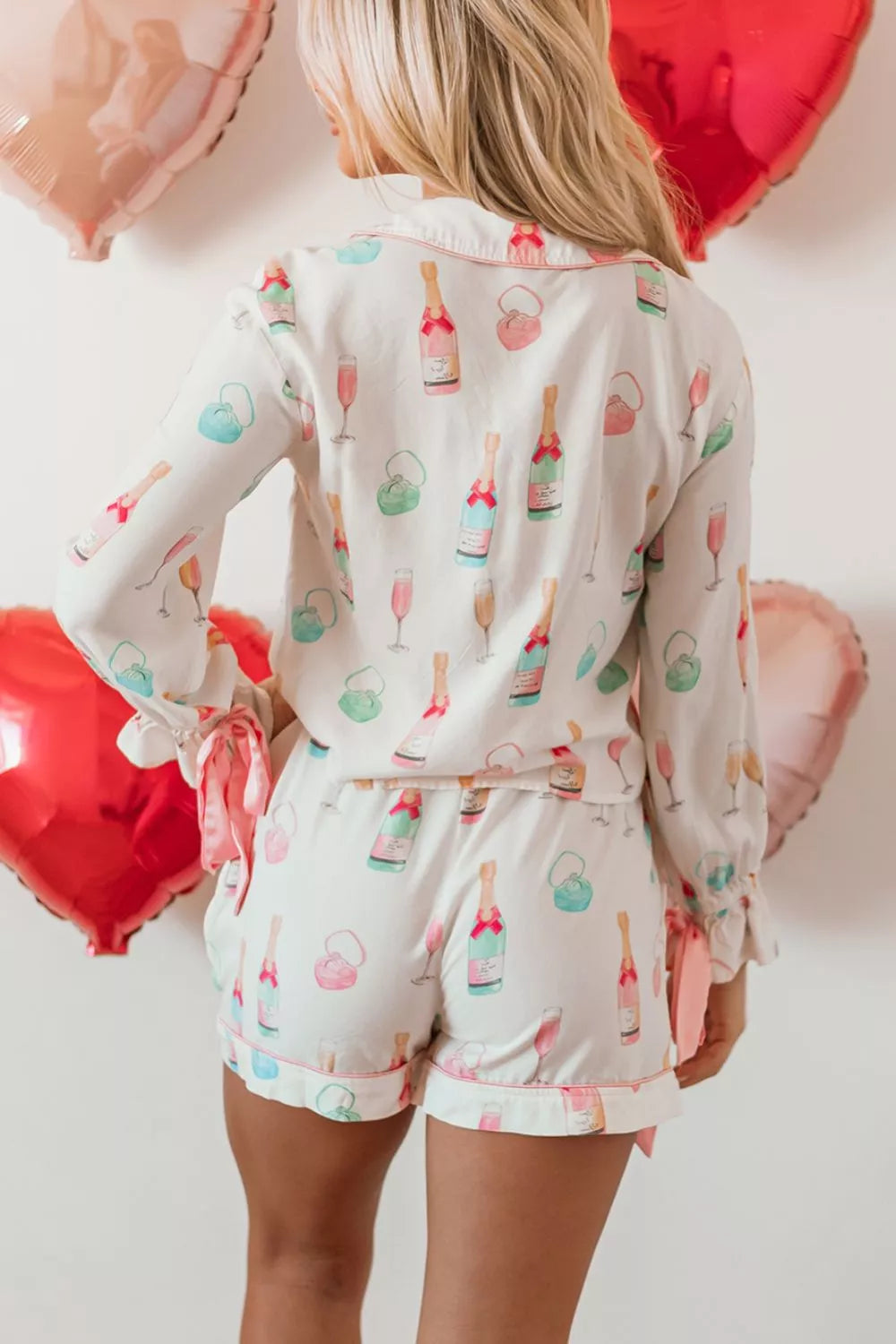 Women's Bow Print Collared Top Drawstring Shorts Lounge Set