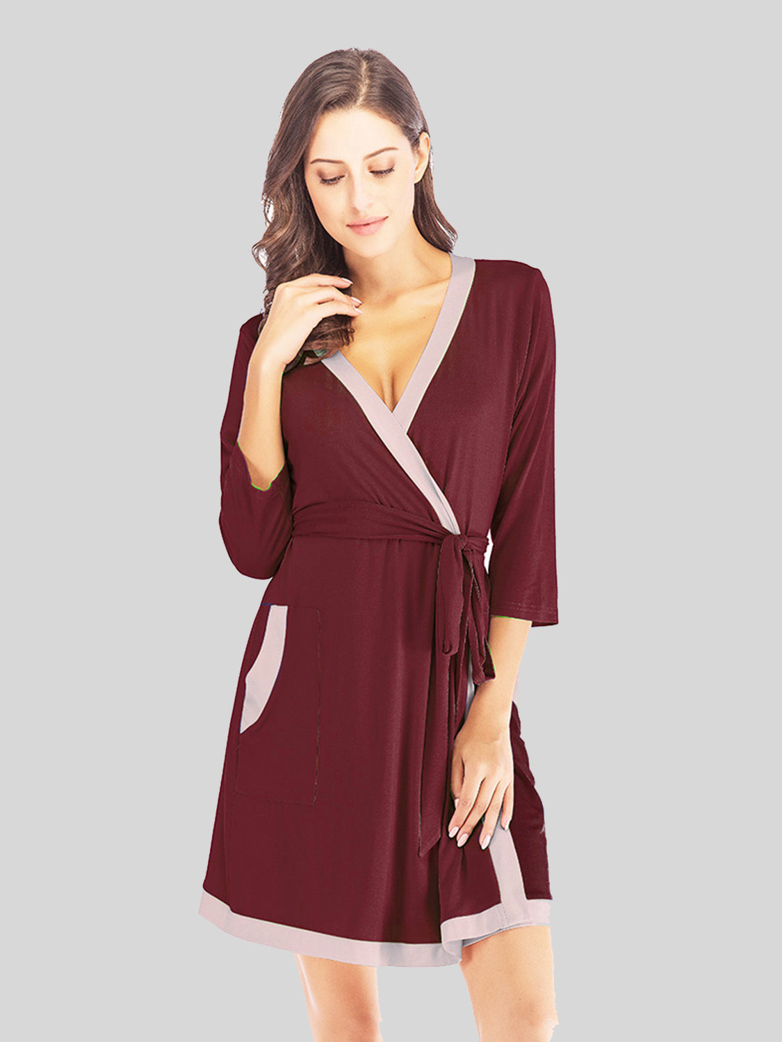 Women's Tie Waist Surplice Neck Robe With Pockets