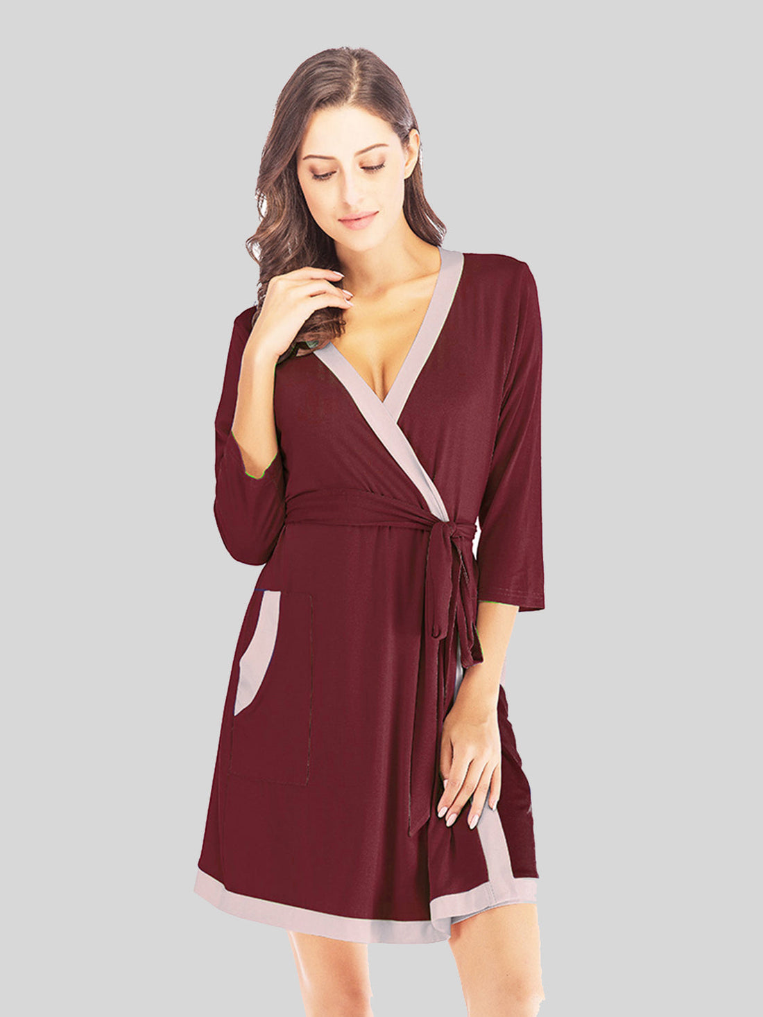 Women's Tie Waist Surplice Neck Robe With Pockets