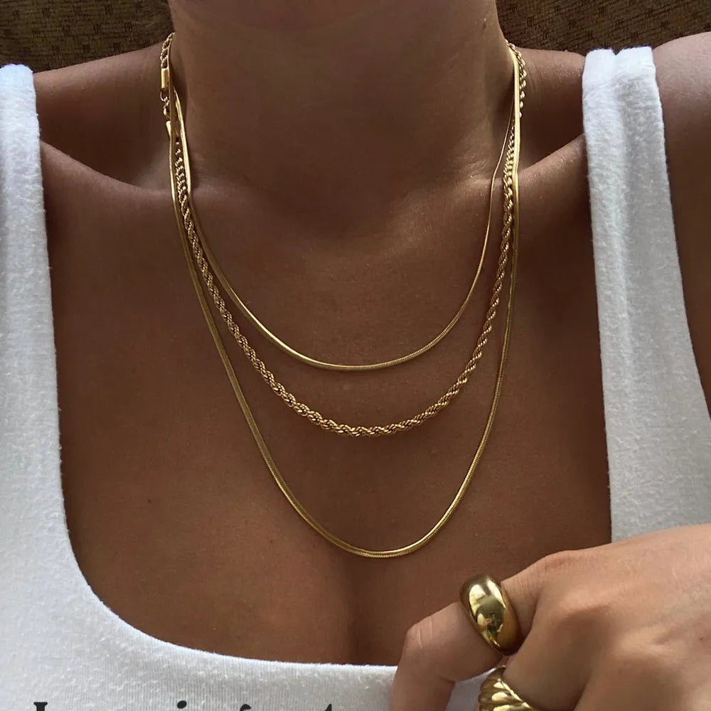 18K Gold Plated Titanium Steel Three Layer Necklace