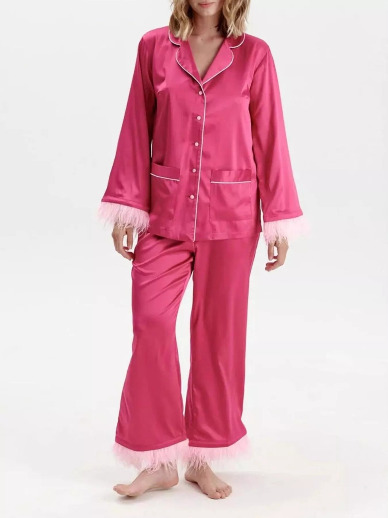 Women's Silky Button Up Top And Pants Lounge Set