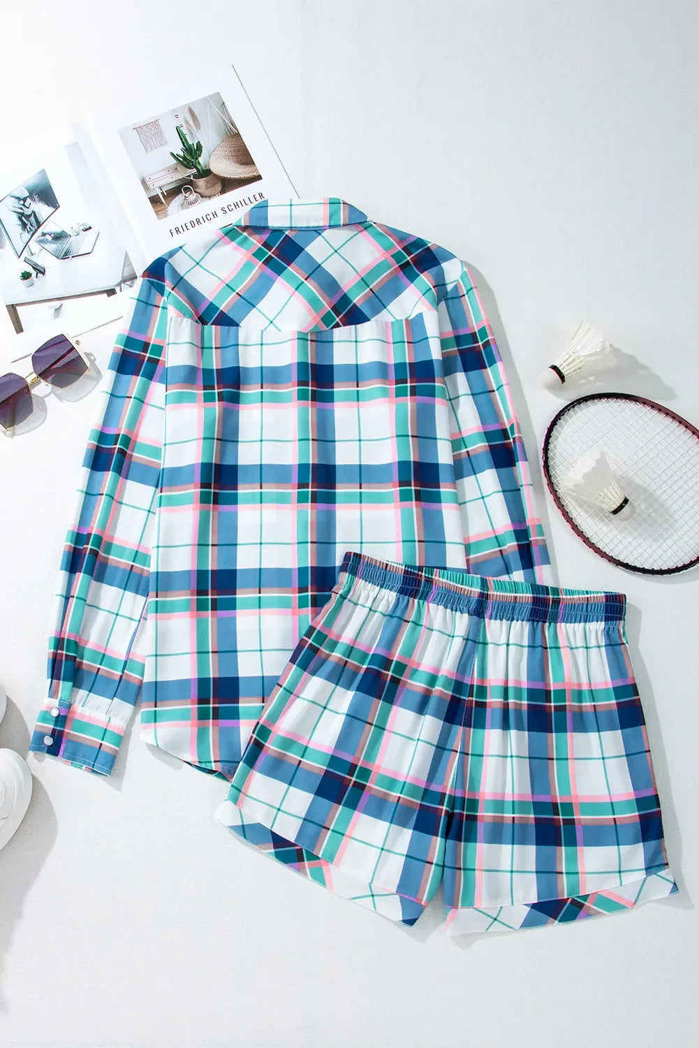 Women's Plaid Snap Down Long Sleeve Shorts Lounge Set