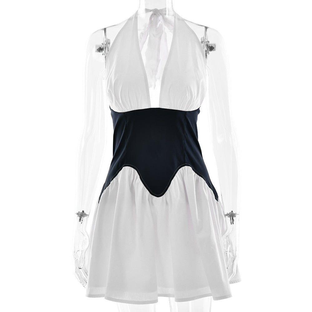 Splicing A Line Deep V Neck Halter Waist Cinching Dress
