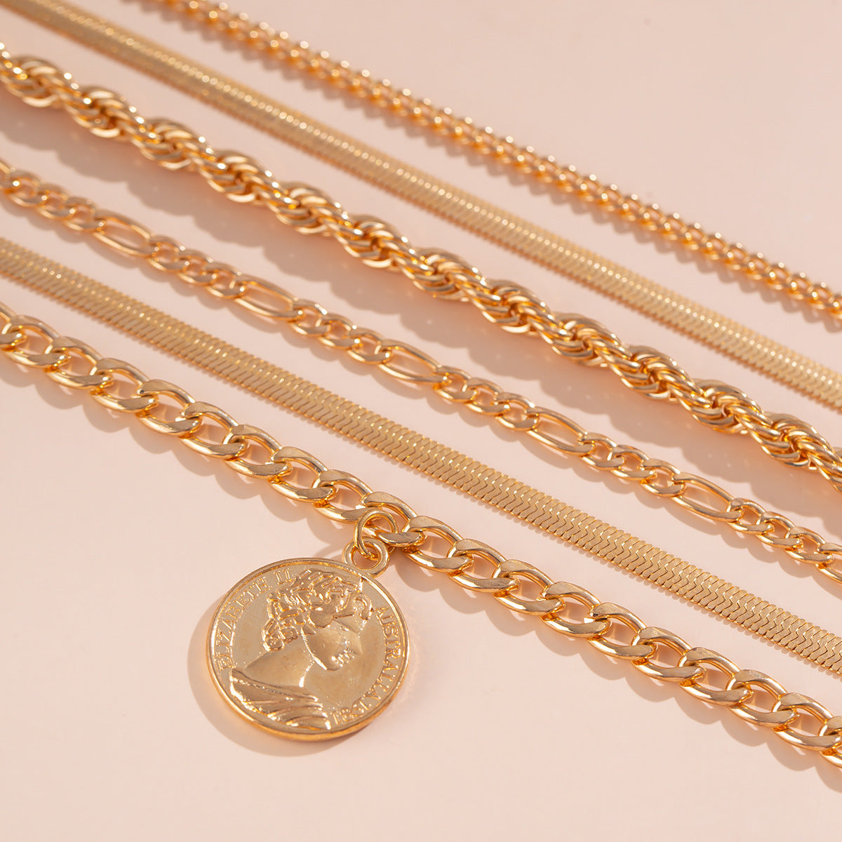 Round Pendant Irregular Metallic Flat Snake Chain Bracelet