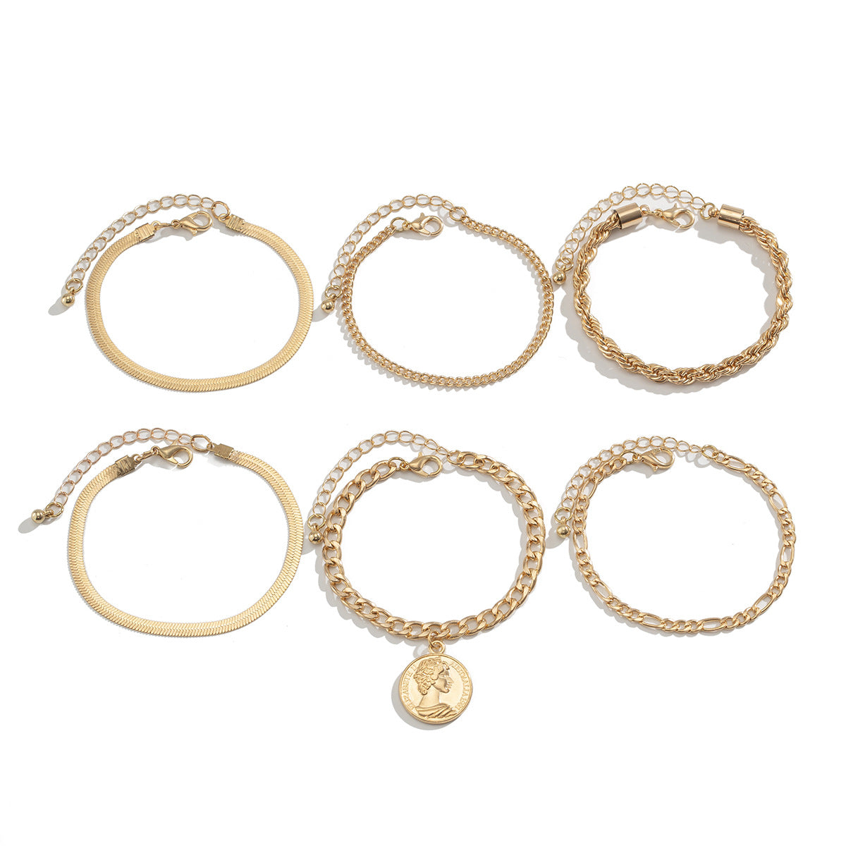 Round Pendant Irregular Metallic Flat Snake Chain Bracelet