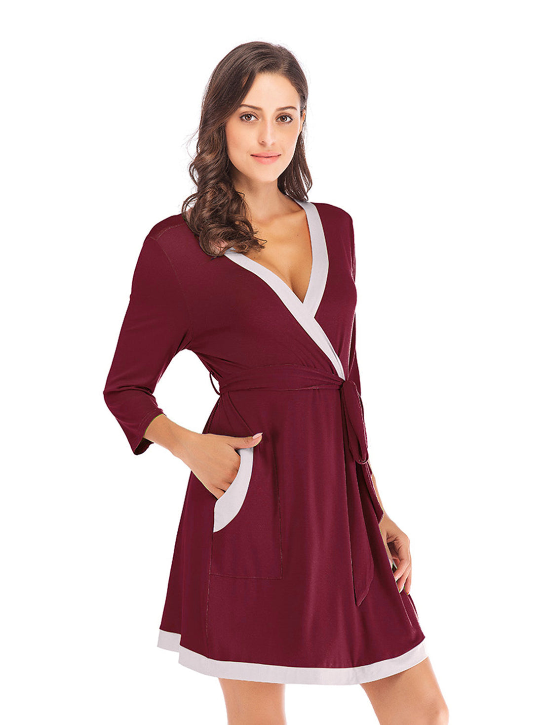 Women's Tie Waist Surplice Neck Robe With Pockets