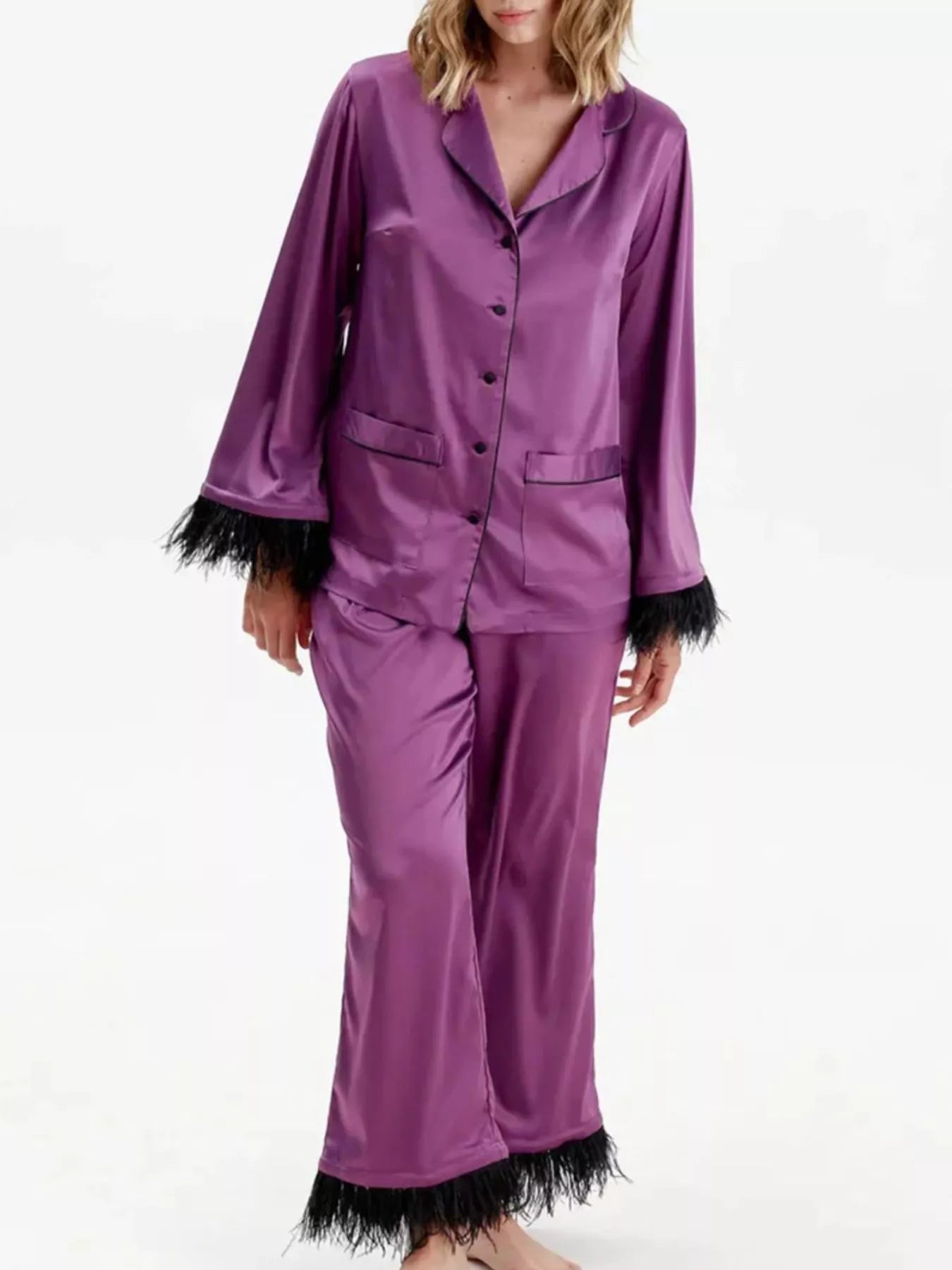 Women's Silky Button Up Top And Pants Lounge Set