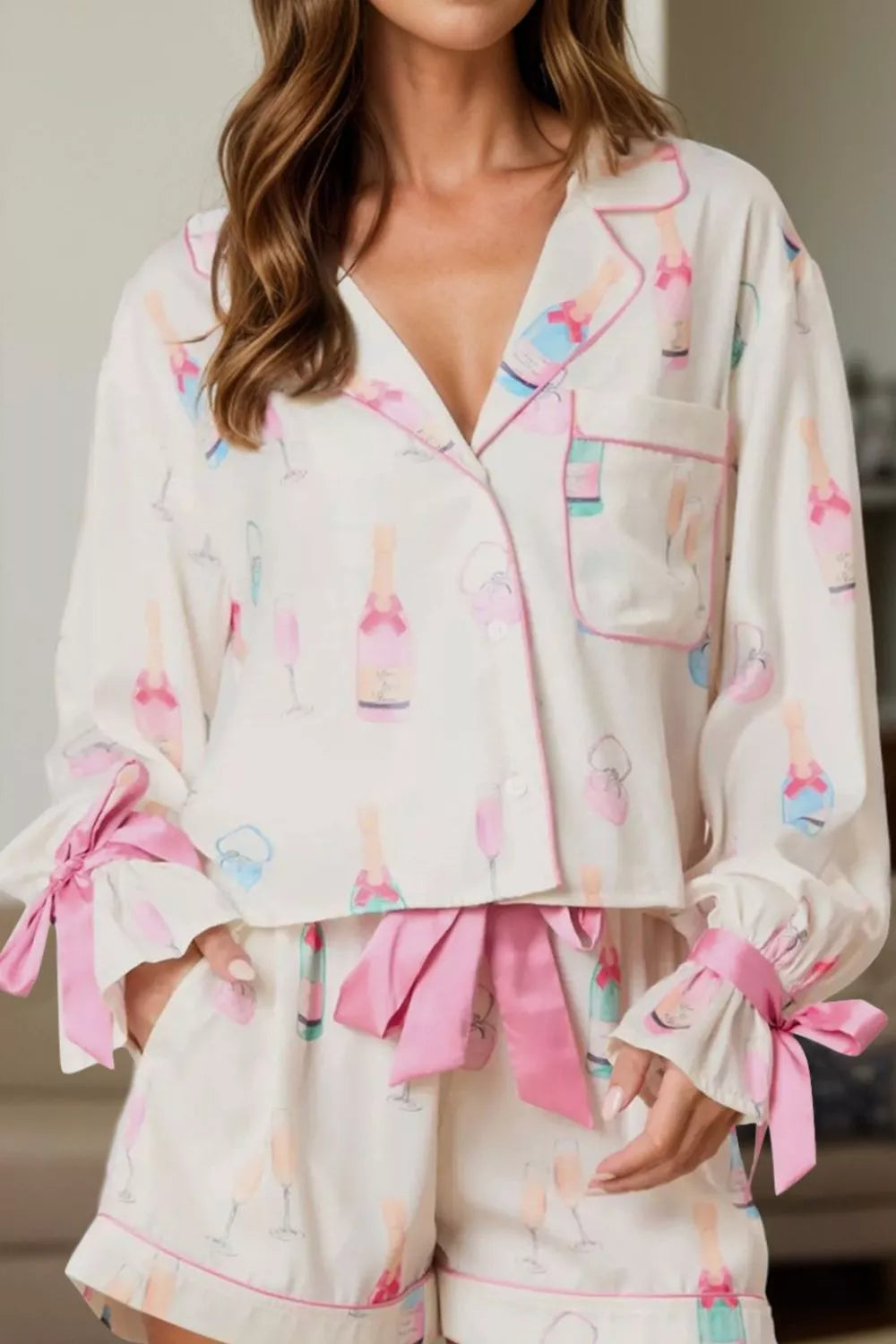 Women's Bow Print Collared Top Drawstring Shorts Lounge Set