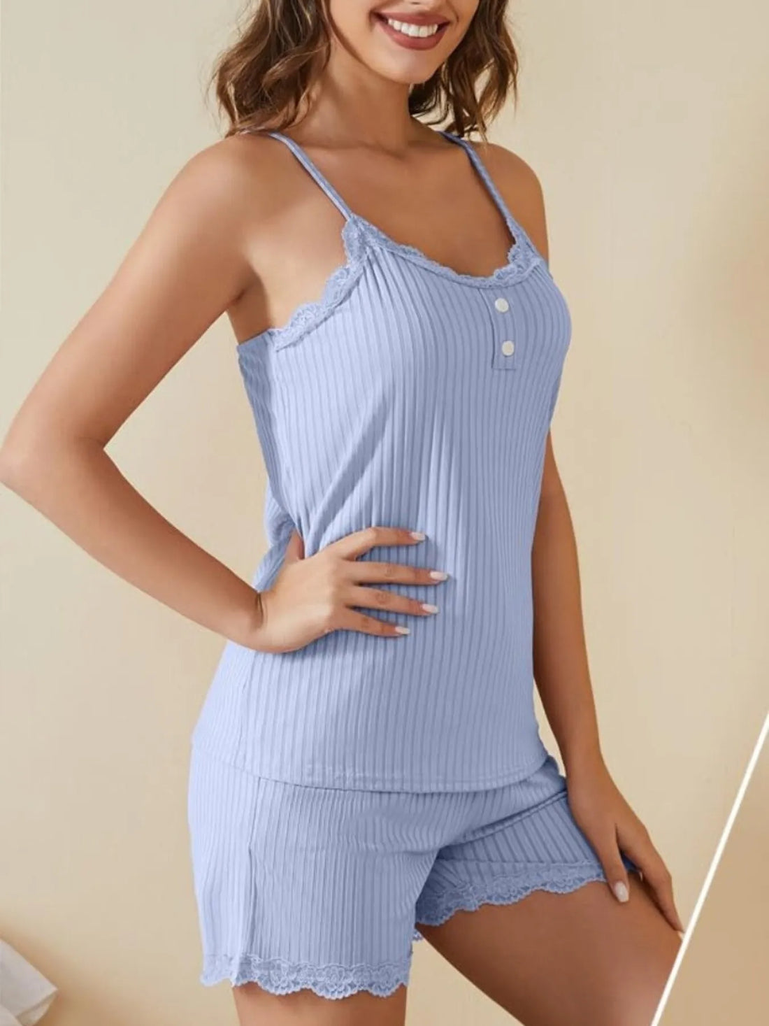 Women's Lace Trim Ribbed Cami Shorts Lounge Set