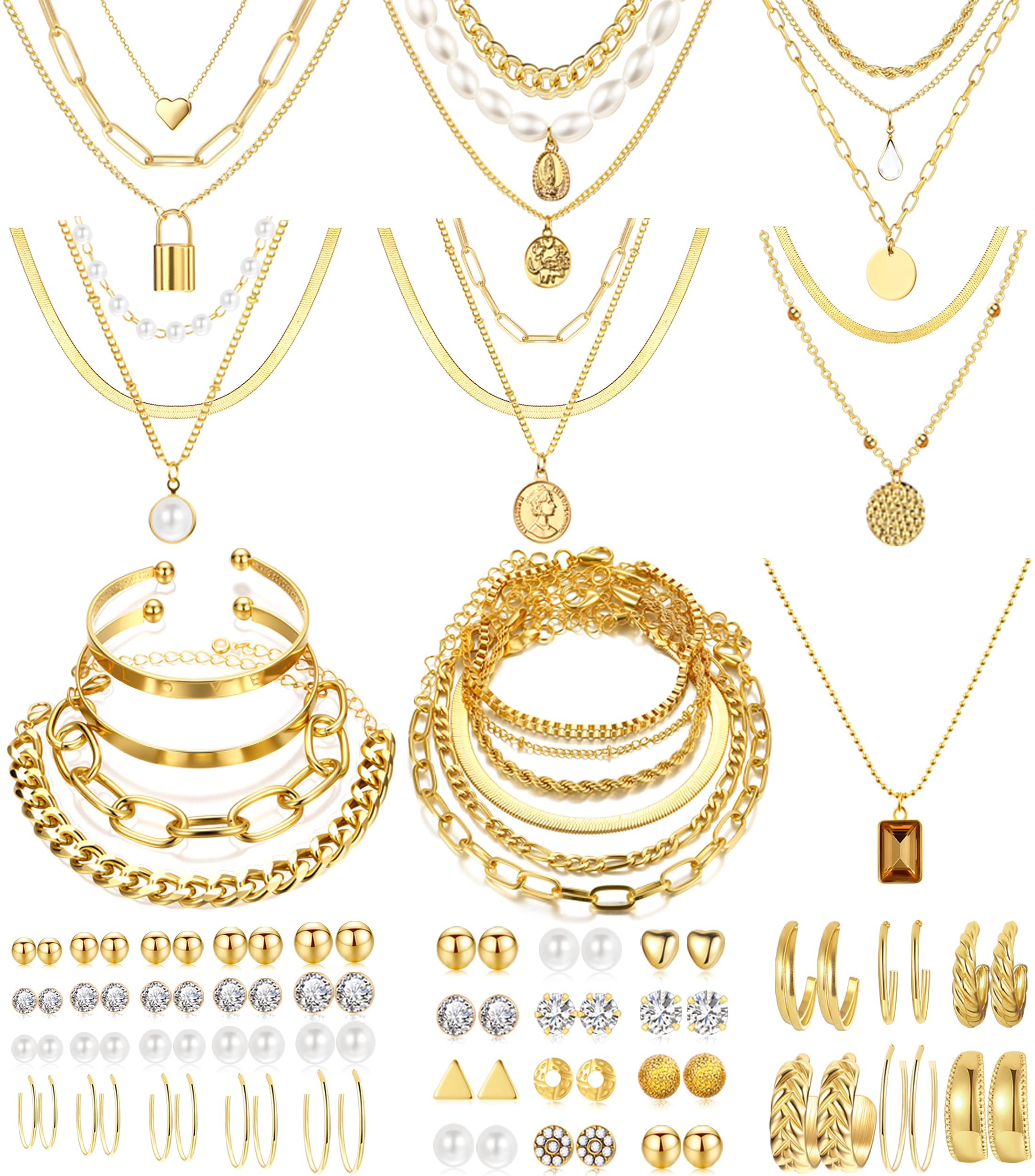 68 Piece Gold Jewelry Set With Necklaces Bracelets