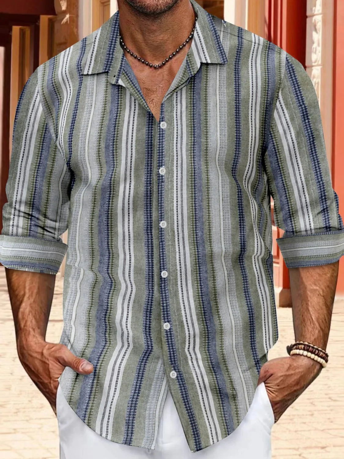 Men's Plus Size Striped Button Up Long Sleeve Shirt