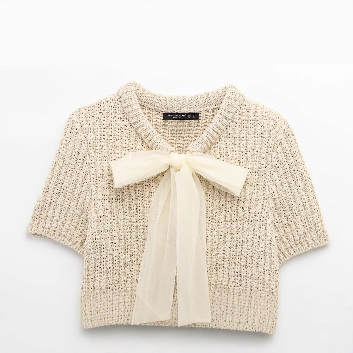 Transparent Stiff Yarn Bow Decor Knitted Fashion Jacket