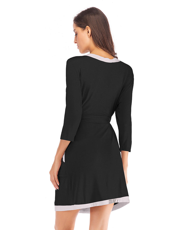 Women's Tie Waist Surplice Neck Robe With Pockets