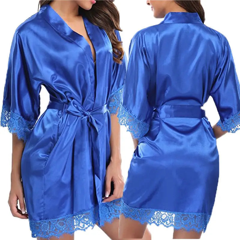 Women's Black Lace Silk Half Sleeve Sleepwear Robe