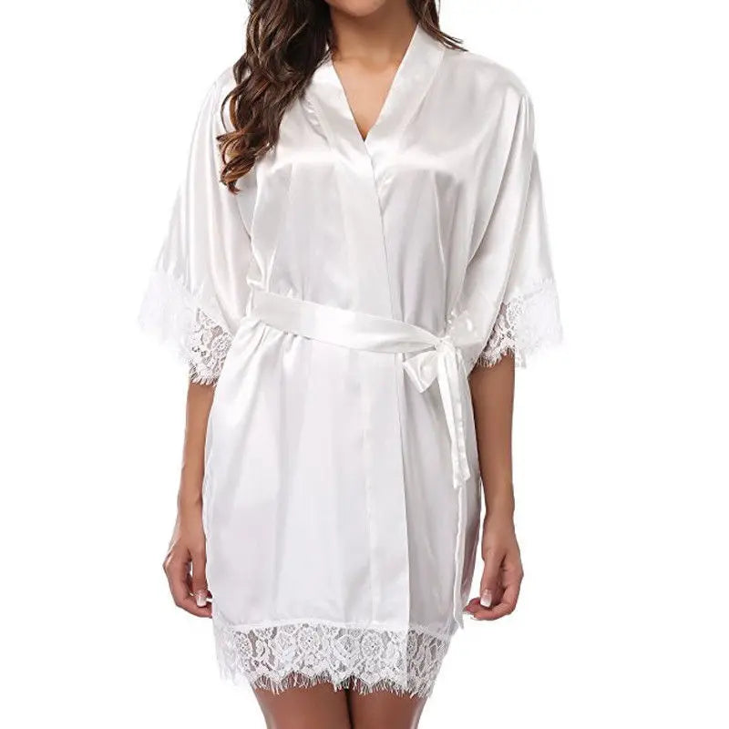 Women's Black Lace Silk Half Sleeve Sleepwear Robe