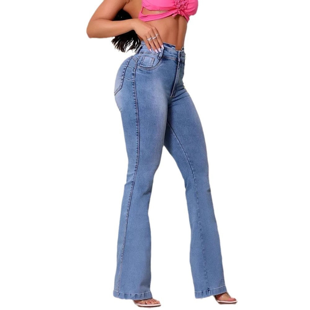 Women's Washed Denim Slim Fit High Waist Flared Jeans