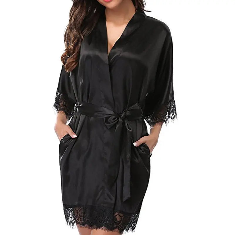 Women's Black Lace Silk Half Sleeve Sleepwear Robe