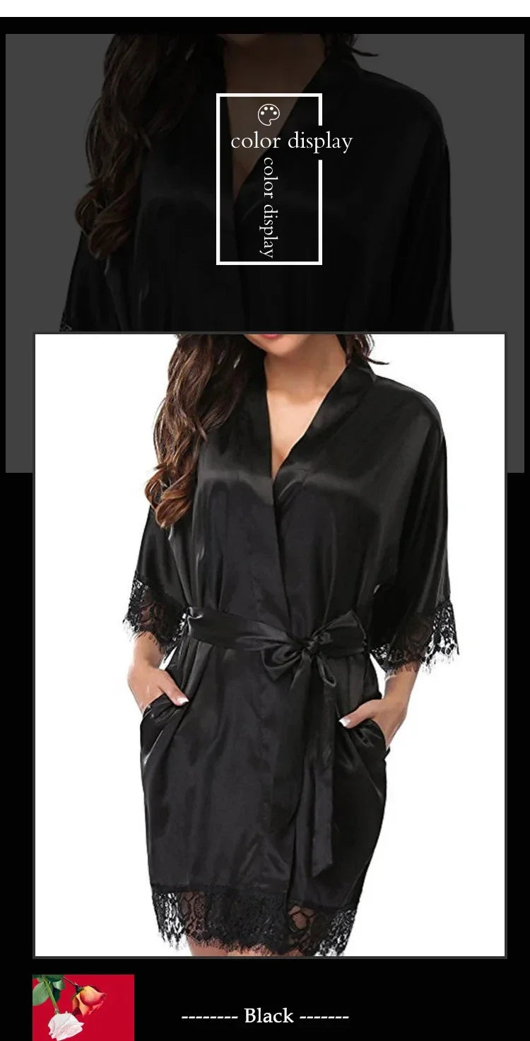 Women's Black Lace Silk Half Sleeve Sleepwear Robe