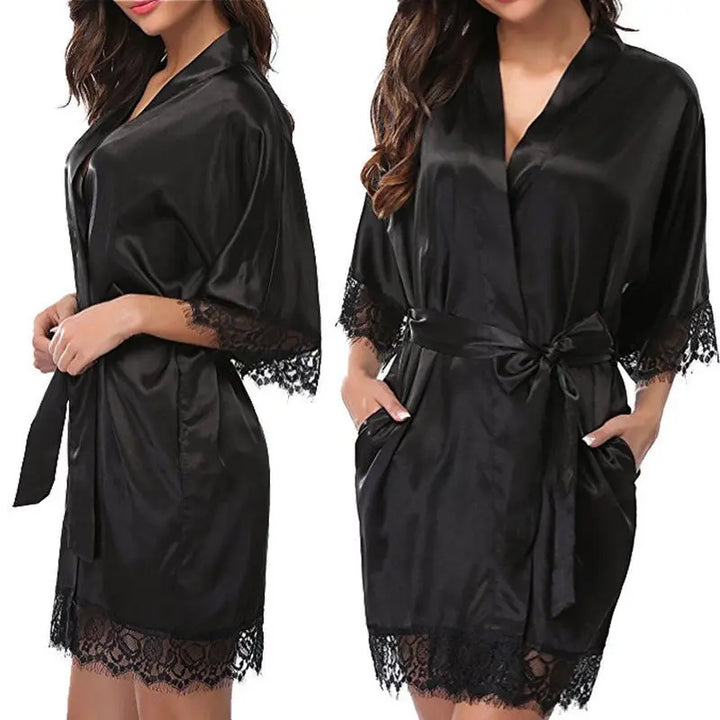 Women's Black Lace Silk Half Sleeve Sleepwear Robe