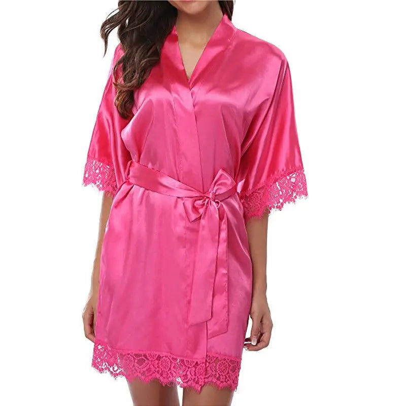 Women's Black Lace Silk Half Sleeve Sleepwear Robe