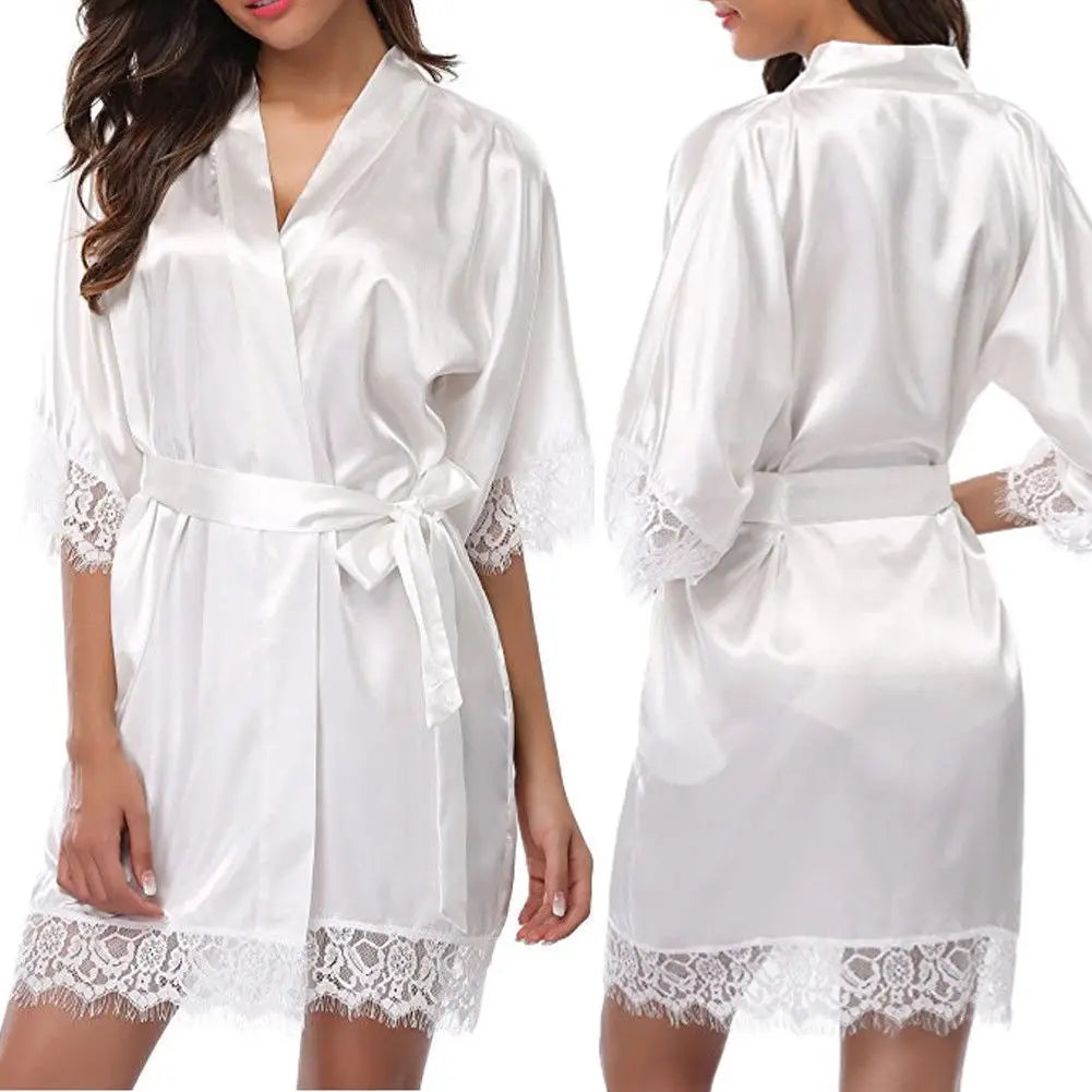 Women's Black Lace Silk Half Sleeve Sleepwear Robe
