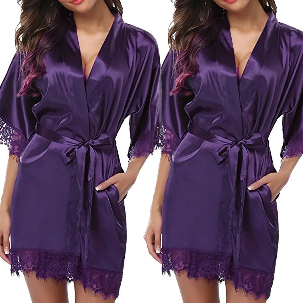 Women's Black Lace Silk Half Sleeve Sleepwear Robe