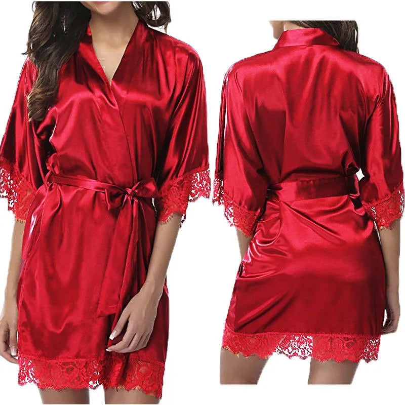 Women's Black Lace Silk Half Sleeve Sleepwear Robe