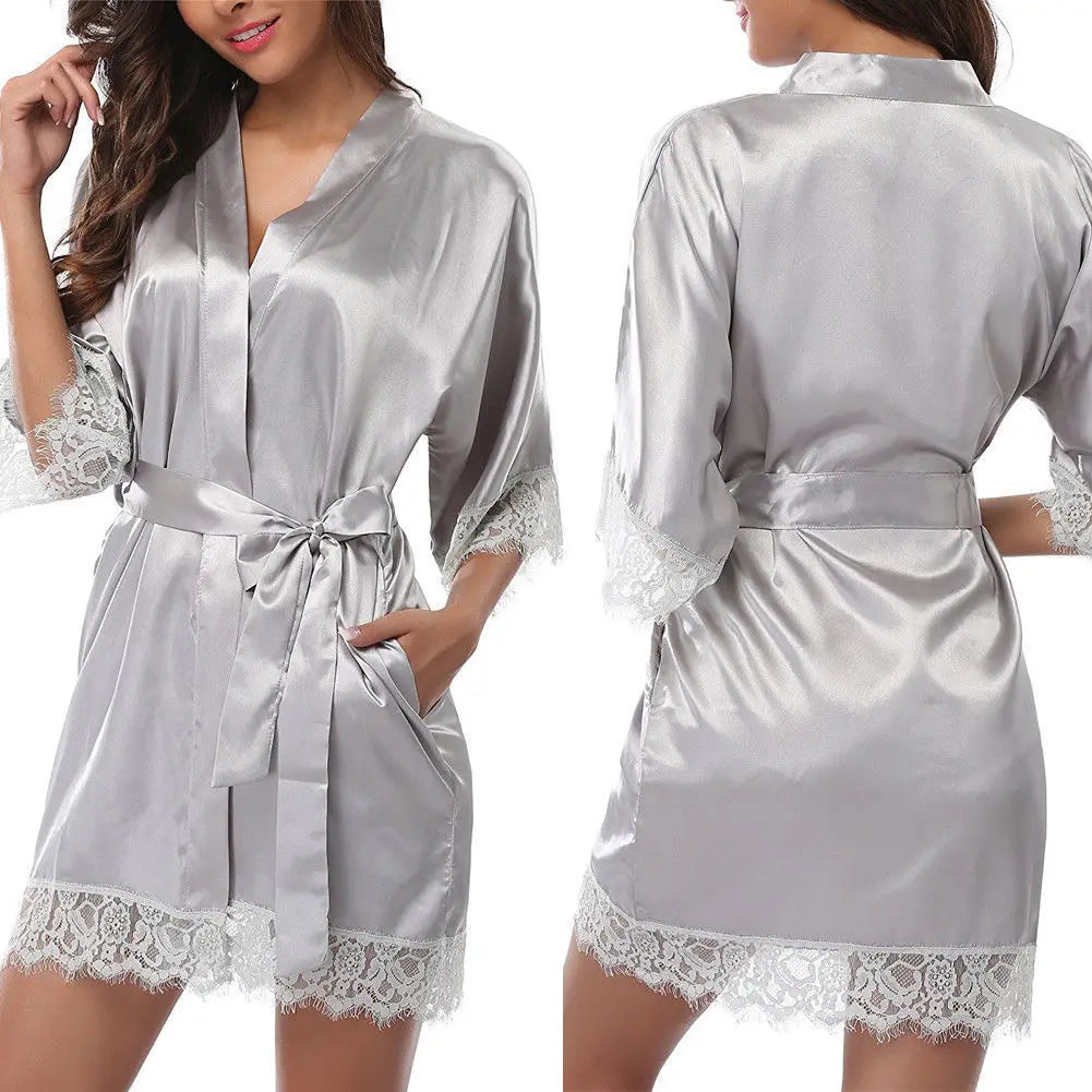 Women's Black Lace Silk Half Sleeve Sleepwear Robe