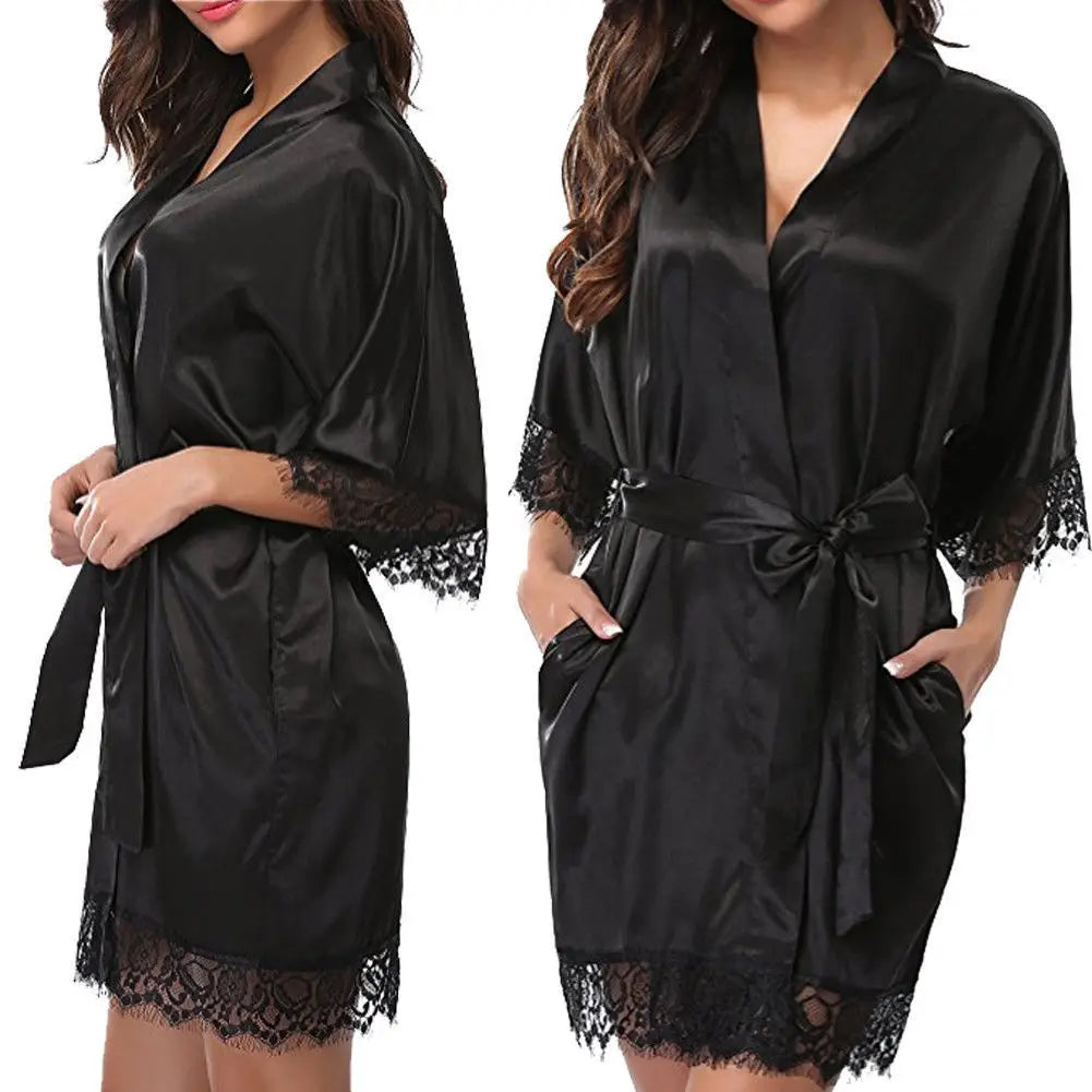 Women's Black Lace Silk Half Sleeve Sleepwear Robe