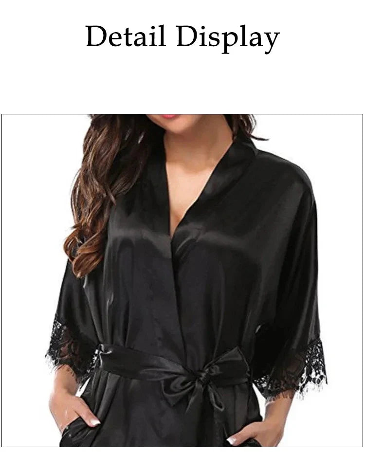 Women's Black Lace Silk Half Sleeve Sleepwear Robe