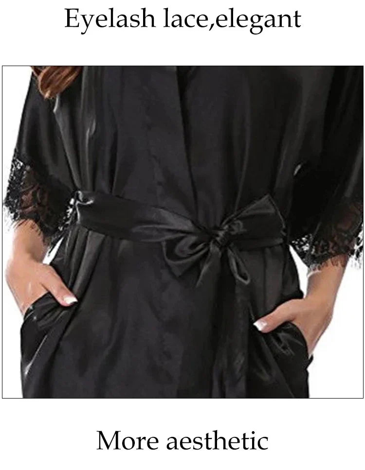 Women's Black Lace Silk Half Sleeve Sleepwear Robe
