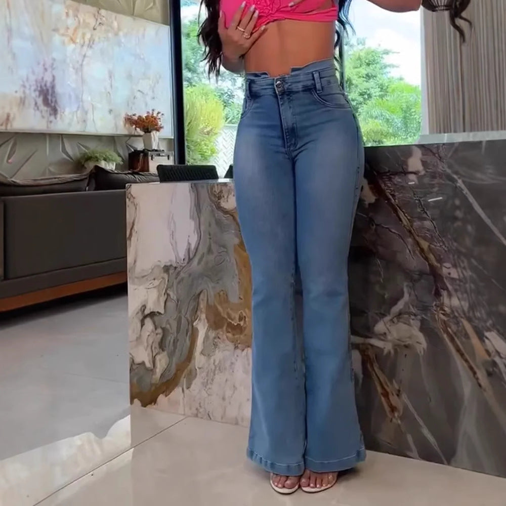 Women's Washed Denim Slim Fit High Waist Flared Jeans
