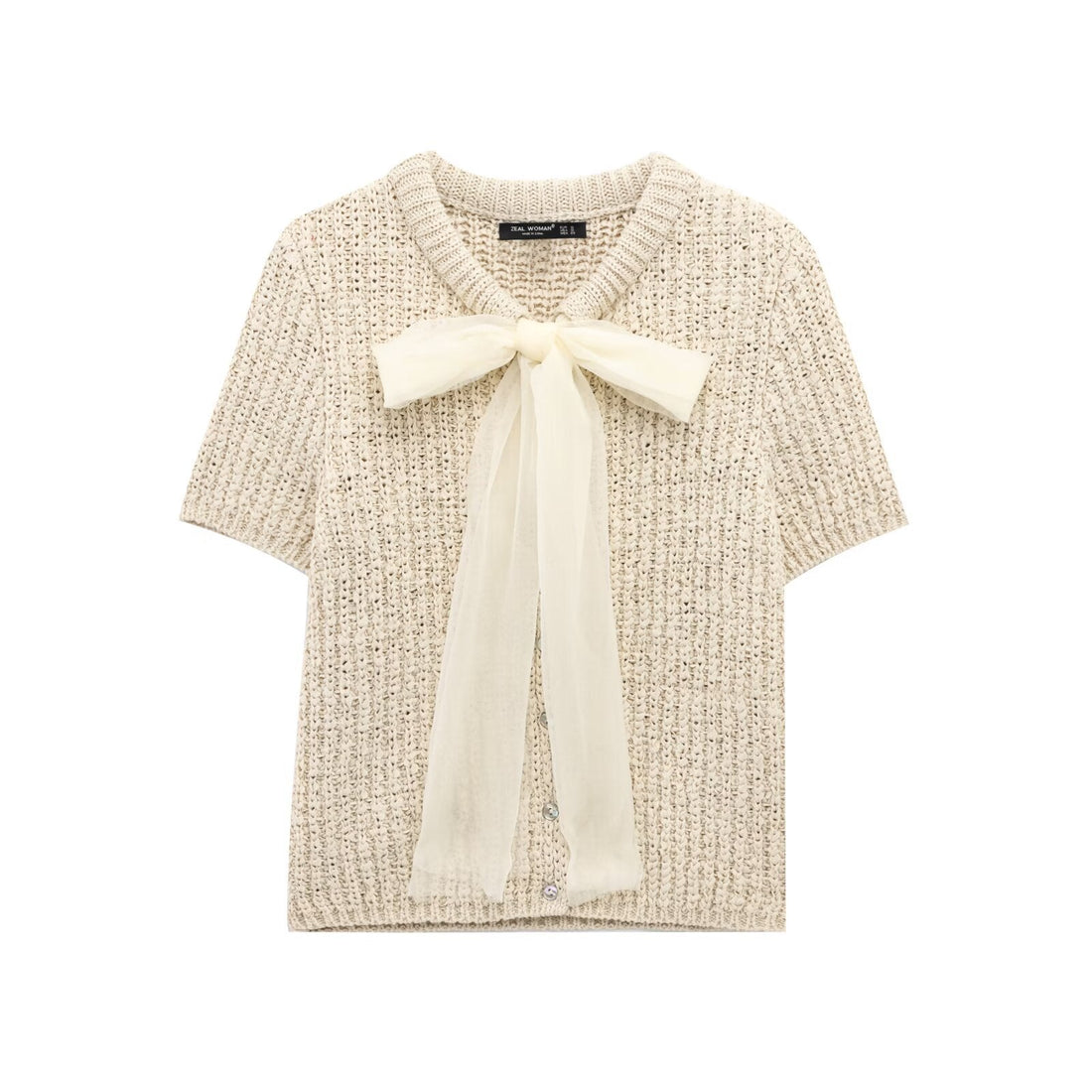 Transparent Stiff Yarn Bow Decor Knitted Fashion Jacket