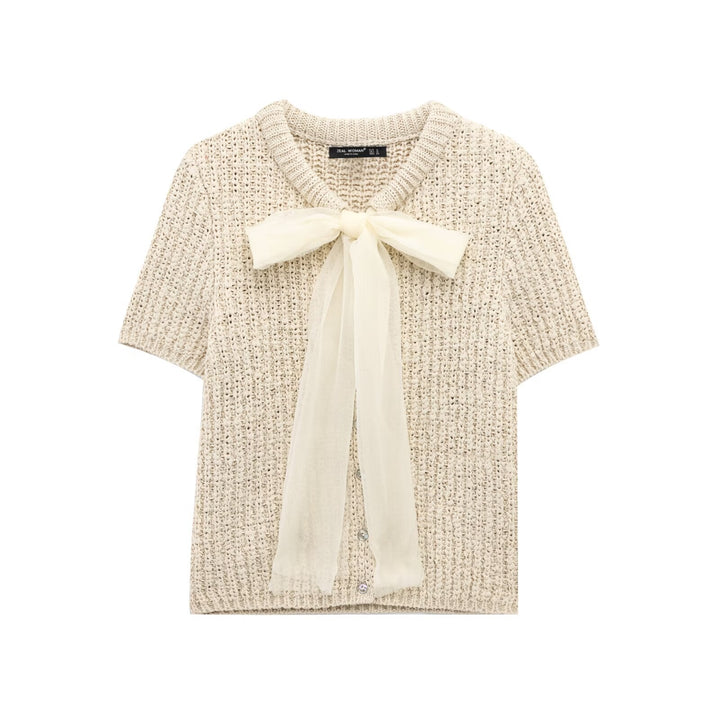 Transparent Stiff Yarn Bow Decor Knitted Fashion Jacket
