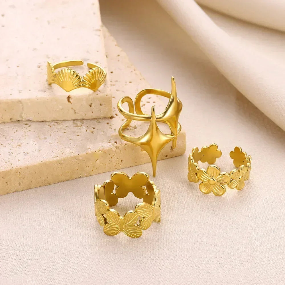 Women's Gold Color Stainless Steel Floral Open Ring