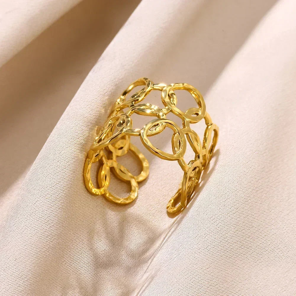 Women's Gold Color Stainless Steel Floral Open Ring