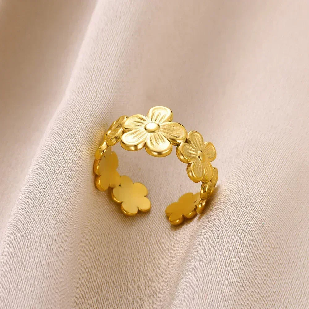 Women's Gold Color Stainless Steel Floral Open Ring