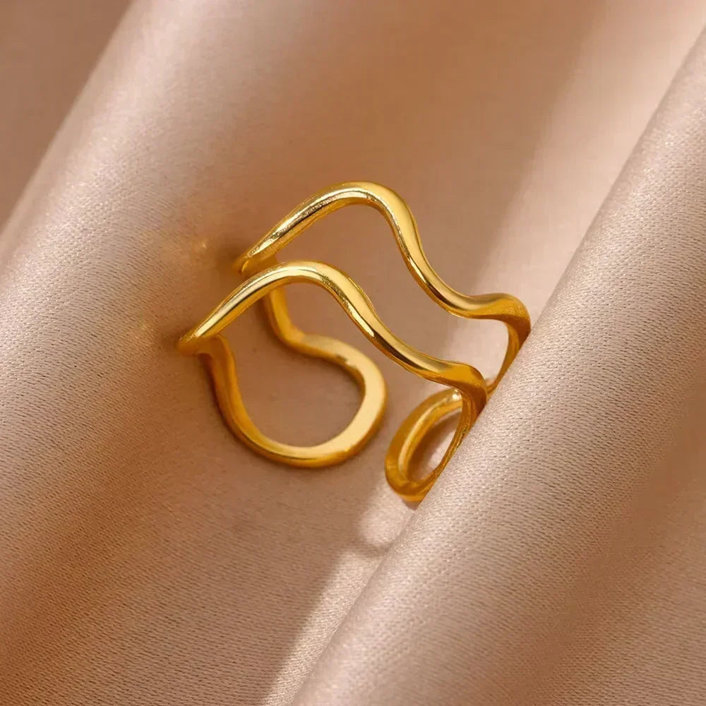 Women's Gold Color Stainless Steel Floral Open Ring