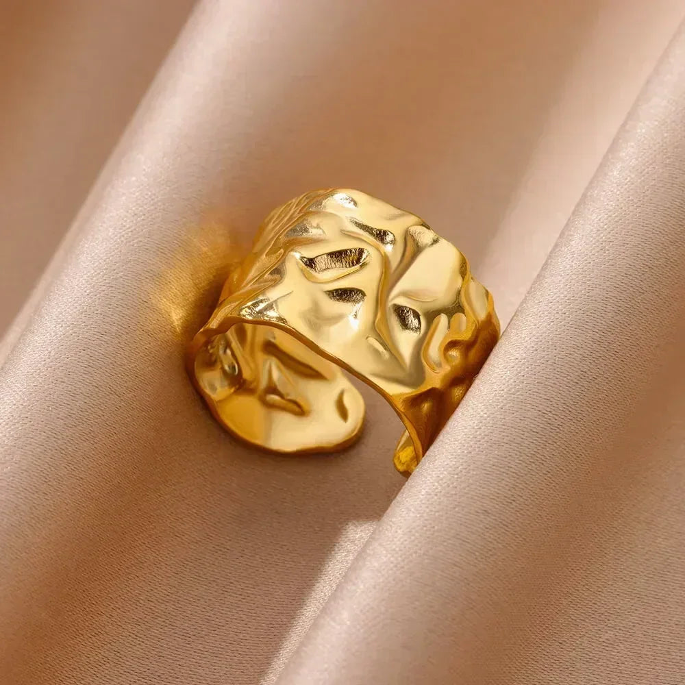Women's Gold Color Stainless Steel Floral Open Ring