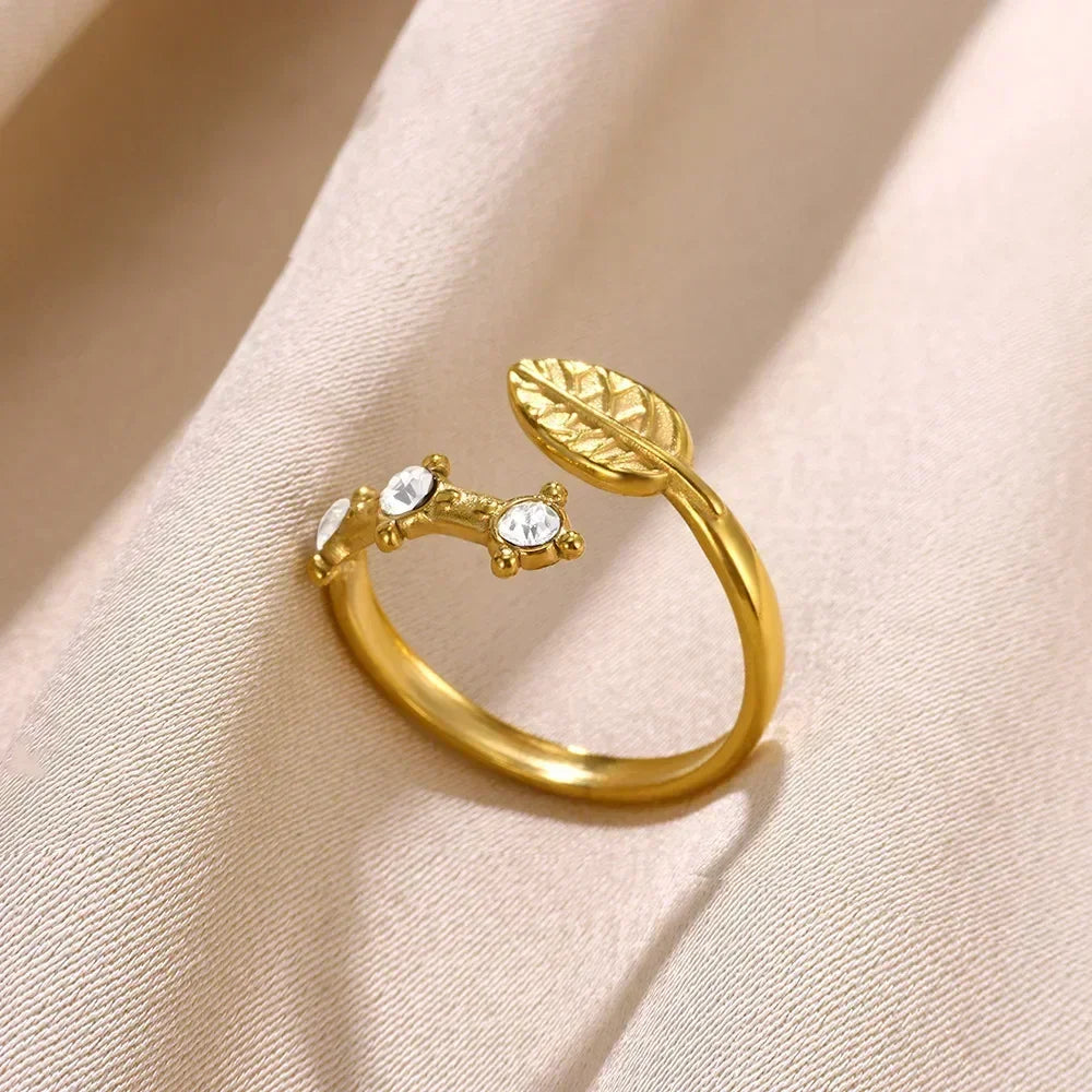 Women's Gold Color Stainless Steel Floral Open Ring