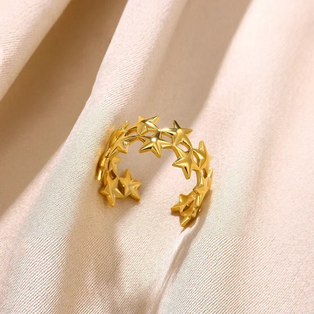Women's Gold Color Stainless Steel Floral Open Ring