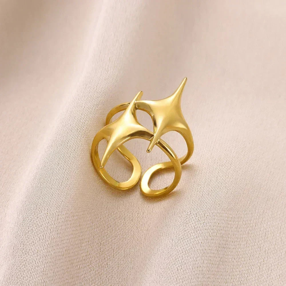 Women's Gold Color Stainless Steel Floral Open Ring