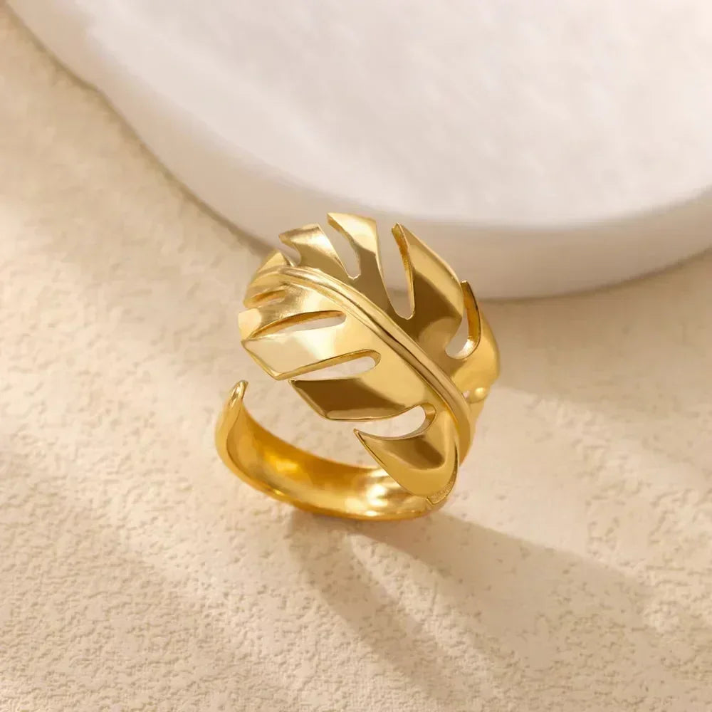 Women's Gold Color Stainless Steel Floral Open Ring