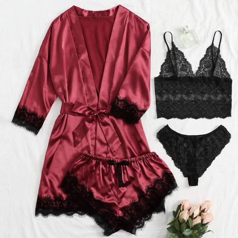 Women's Satin Lace Patchwork Kimono Robe Sleepwear Set