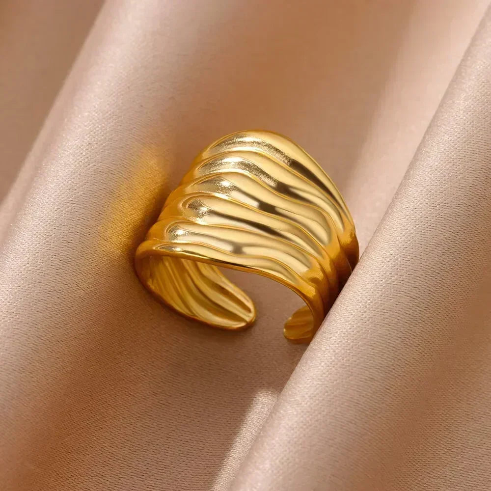 Women's Gold Color Stainless Steel Floral Open Ring