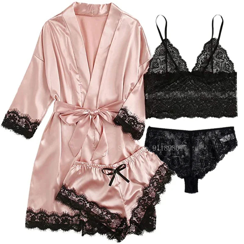 Women's Satin Lace Patchwork Kimono Robe Sleepwear Set