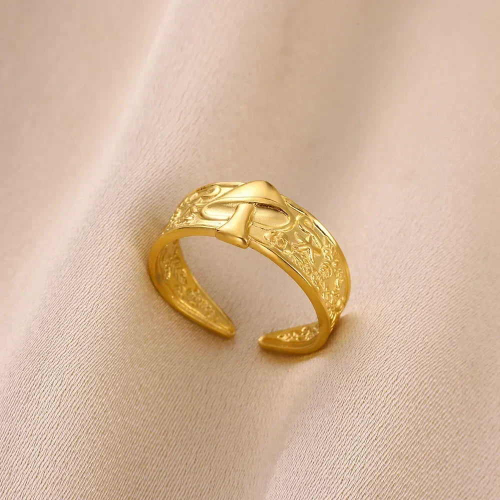 Women's Gold Color Stainless Steel Floral Open Ring
