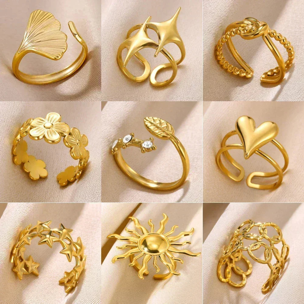 Women's Gold Color Stainless Steel Floral Open Ring